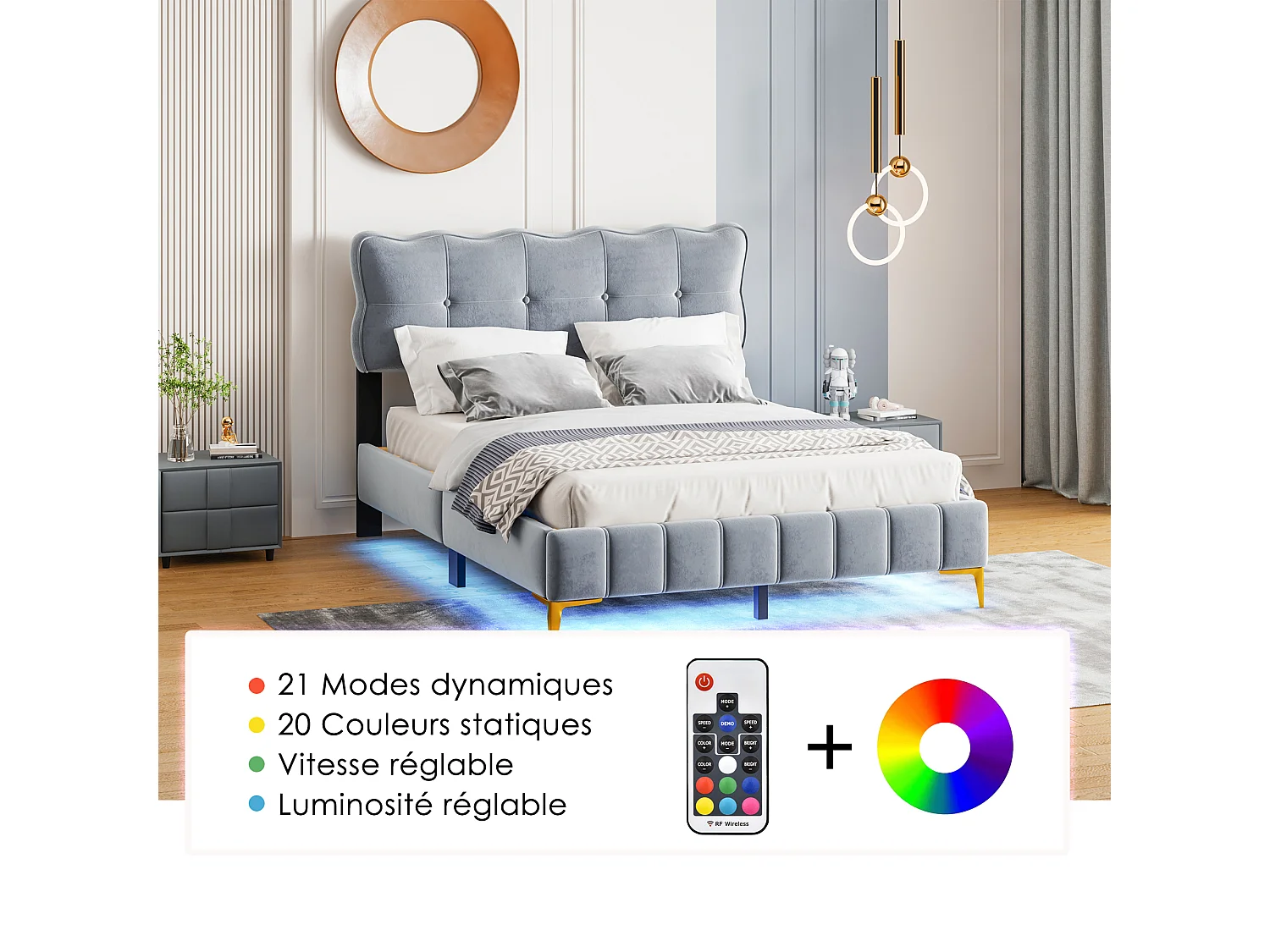 Lit capitonné 160 x 200 cm avec tête de lit - LEDs - Velours - Gris