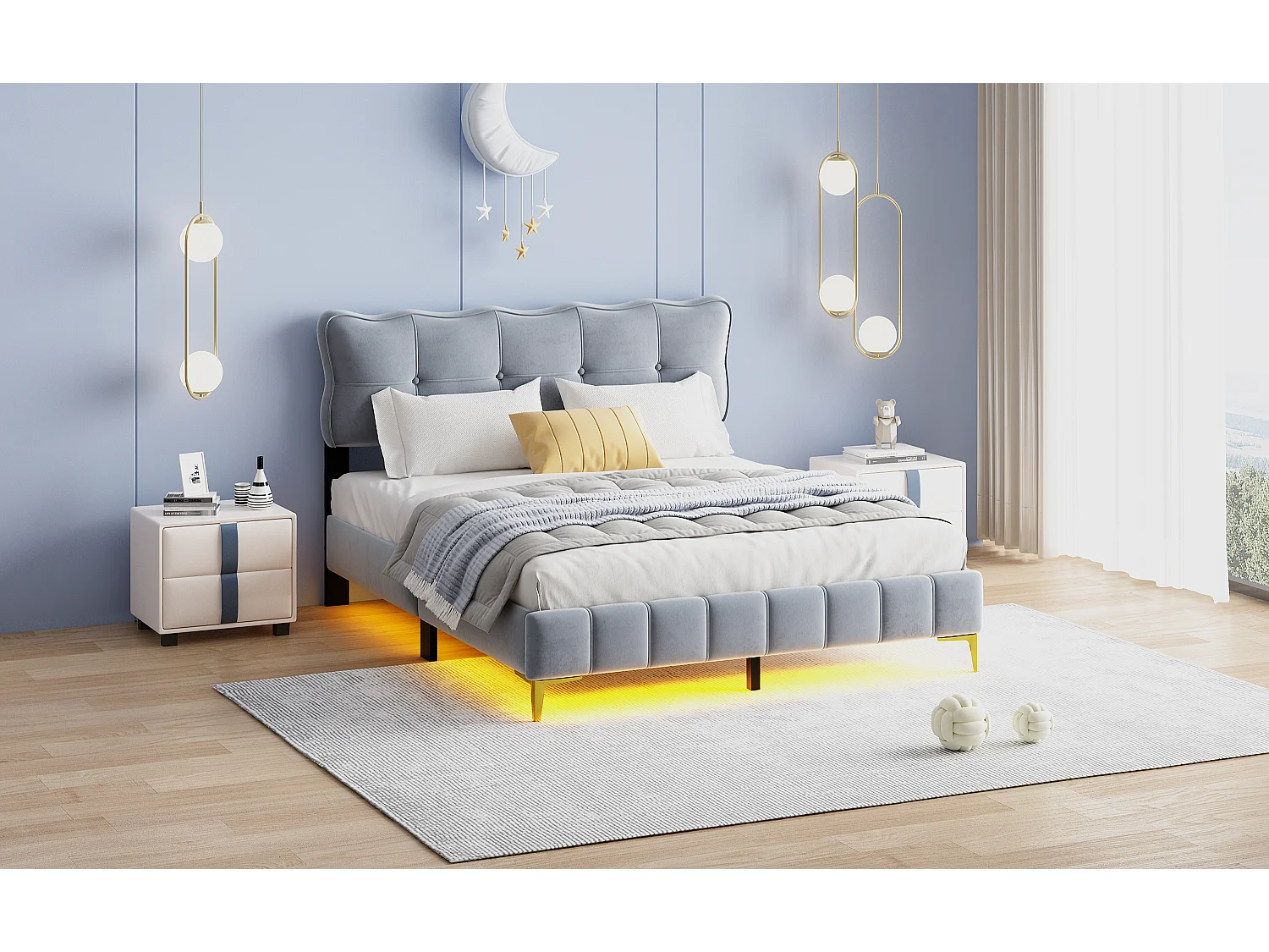 Lit capitonné 160 x 200 cm avec tête de lit - LEDs - Velours - Gris
