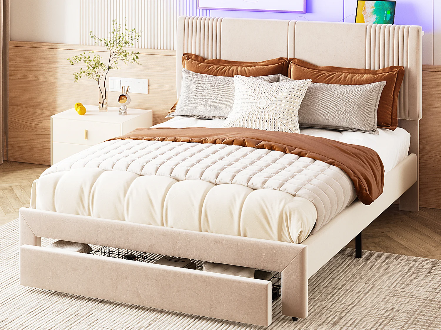 Lit capitonné adulte 140 x 200 cm avec grand tiroir - LEDs + USB - Velours - Beige