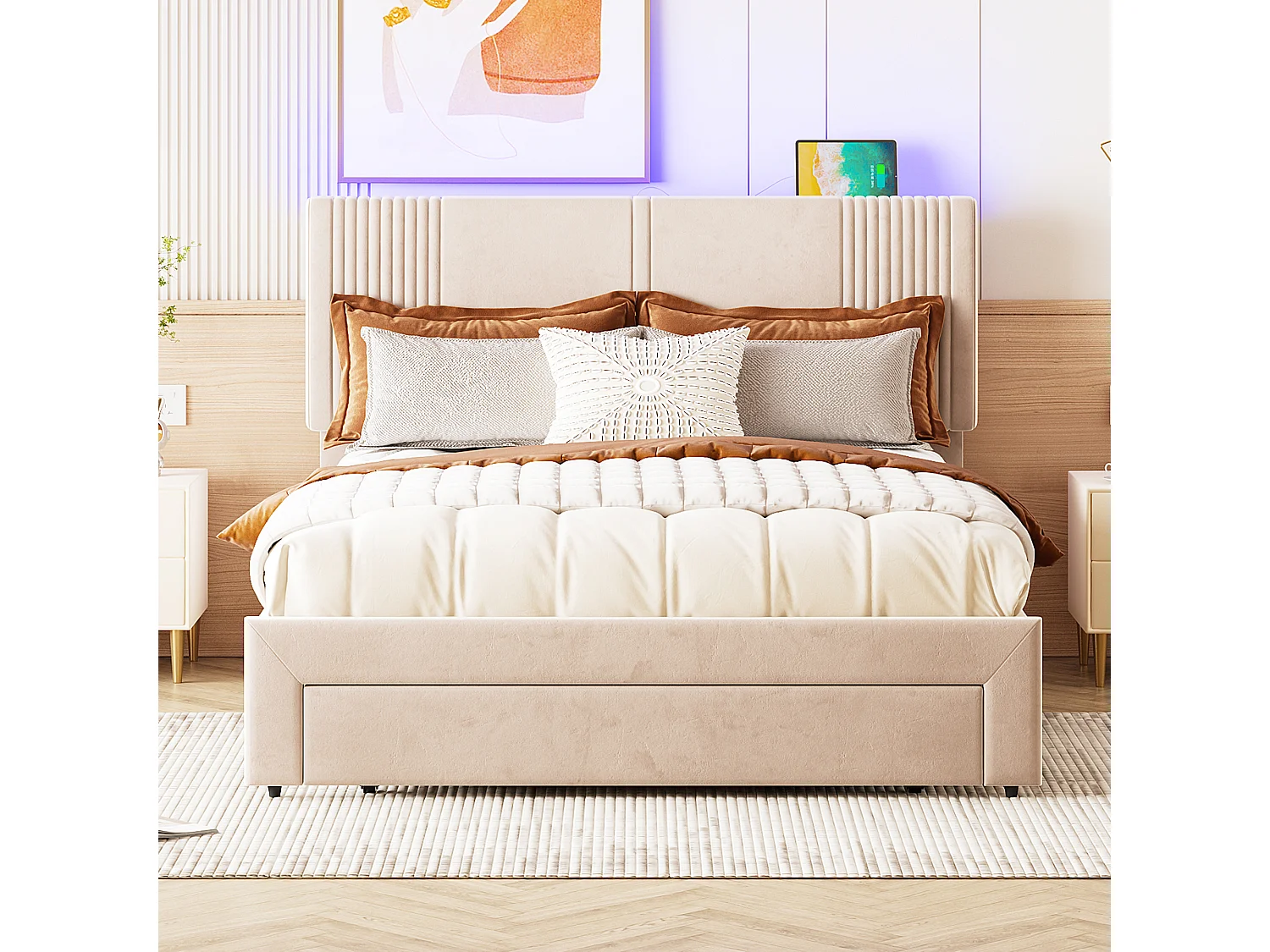 Lit capitonné adulte 140 x 200 cm avec grand tiroir - LEDs + USB - Velours - Beige