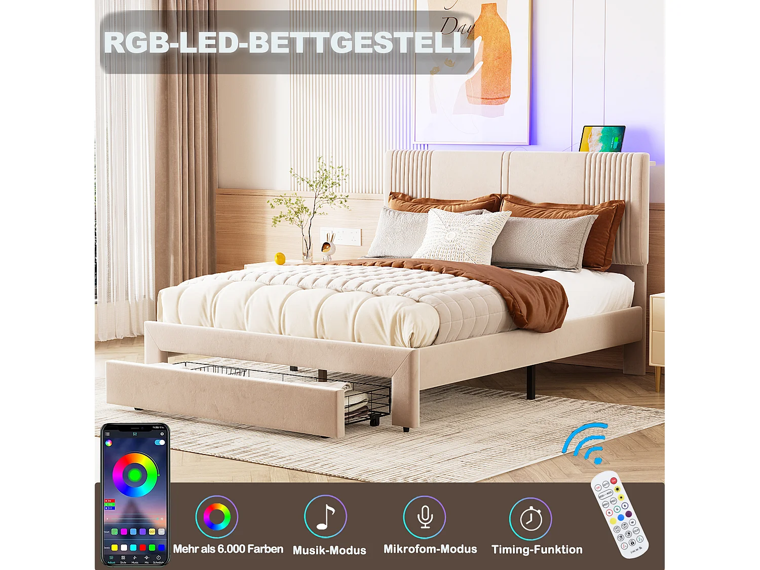 Lit capitonné adulte 140 x 200 cm avec grand tiroir - LEDs + USB - Velours - Beige