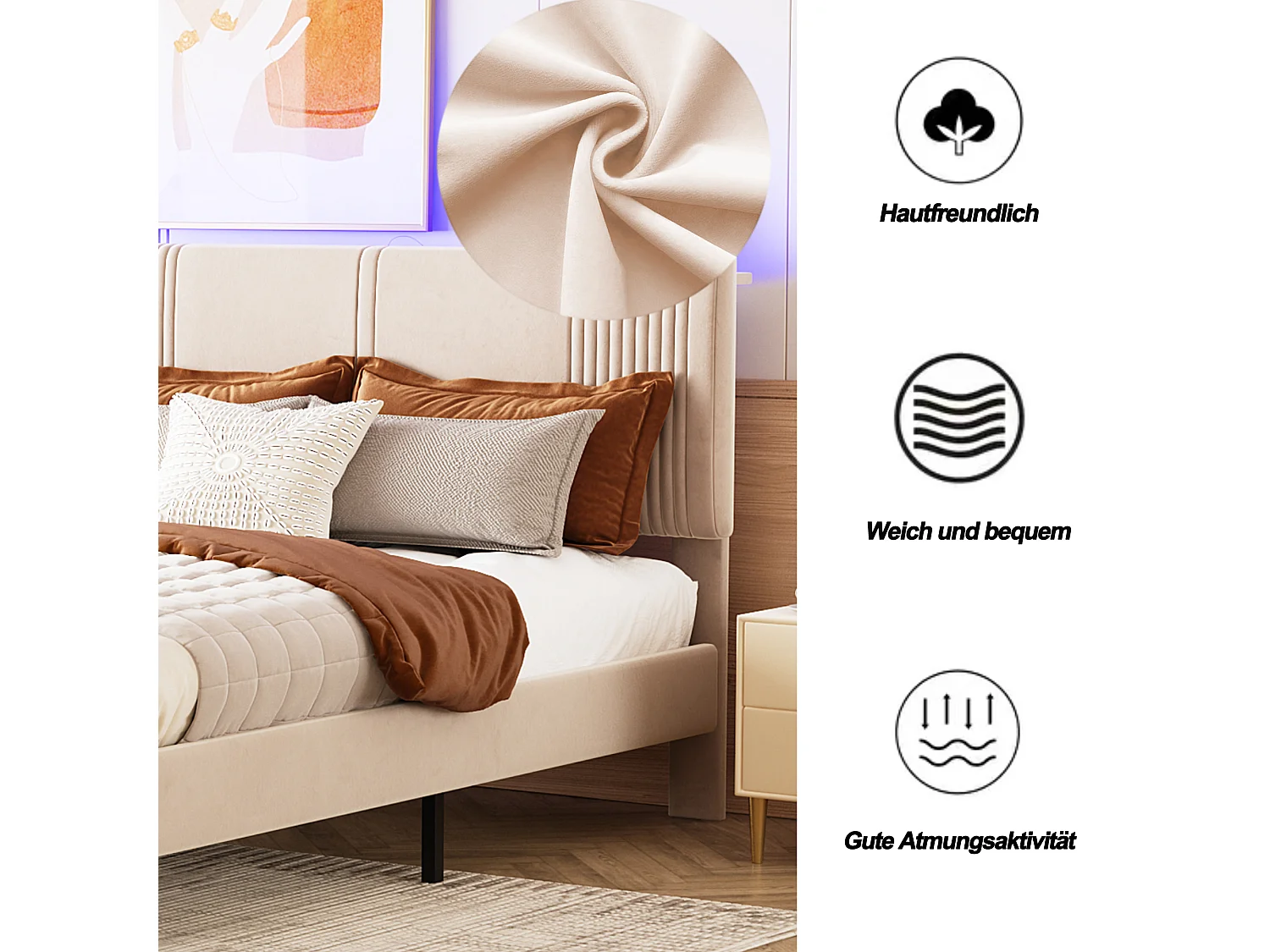 Lit capitonné adulte 140 x 200 cm avec grand tiroir - LEDs + USB - Velours - Beige