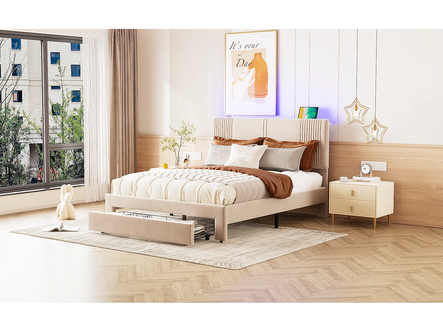 Lit capitonné adulte 140 x 200 cm avec grand tiroir - LEDs + USB - Velours - Beige