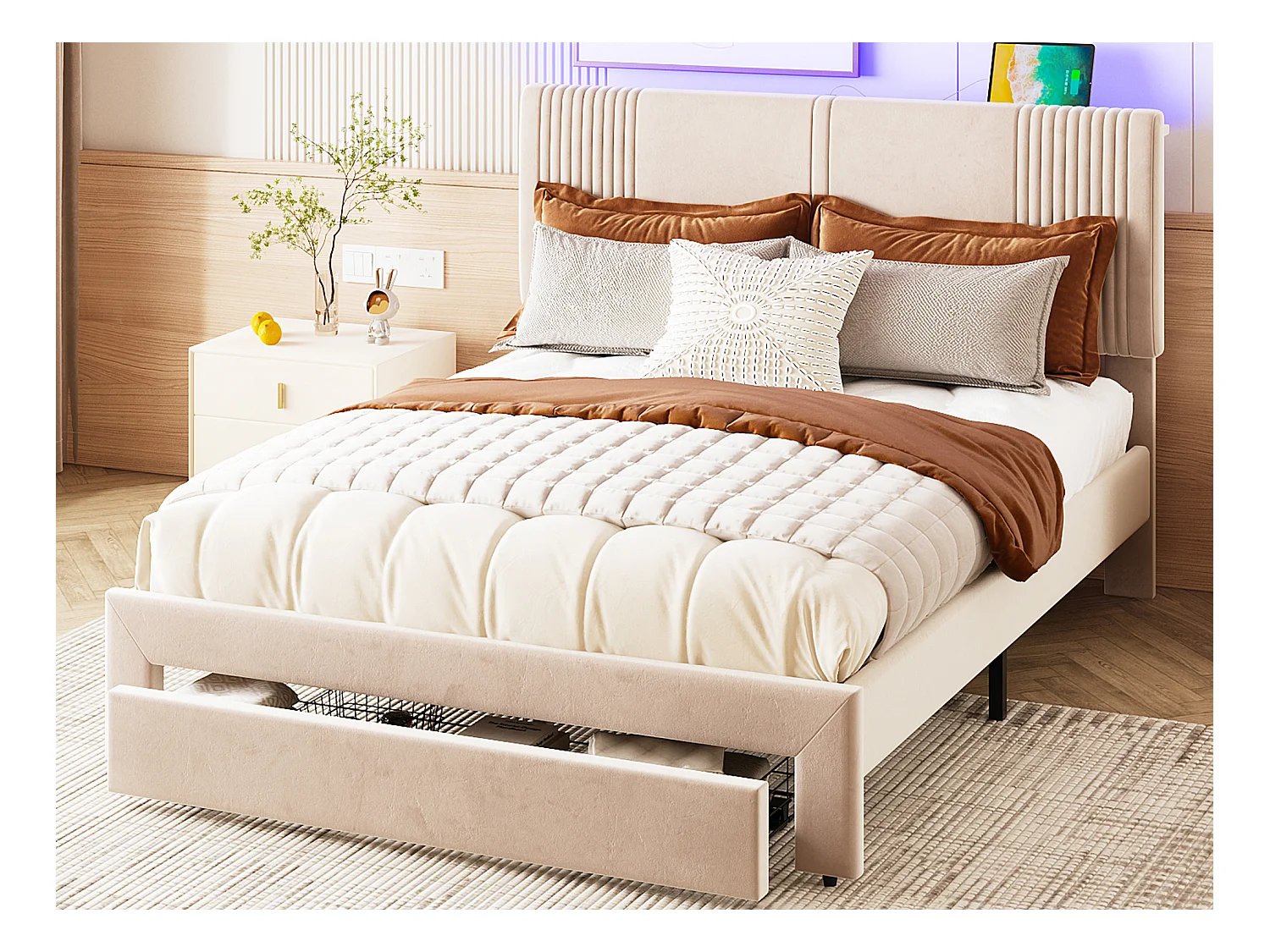 Lit capitonné adulte 140 x 200 cm avec grand tiroir - LEDs + USB - Velours - Beige