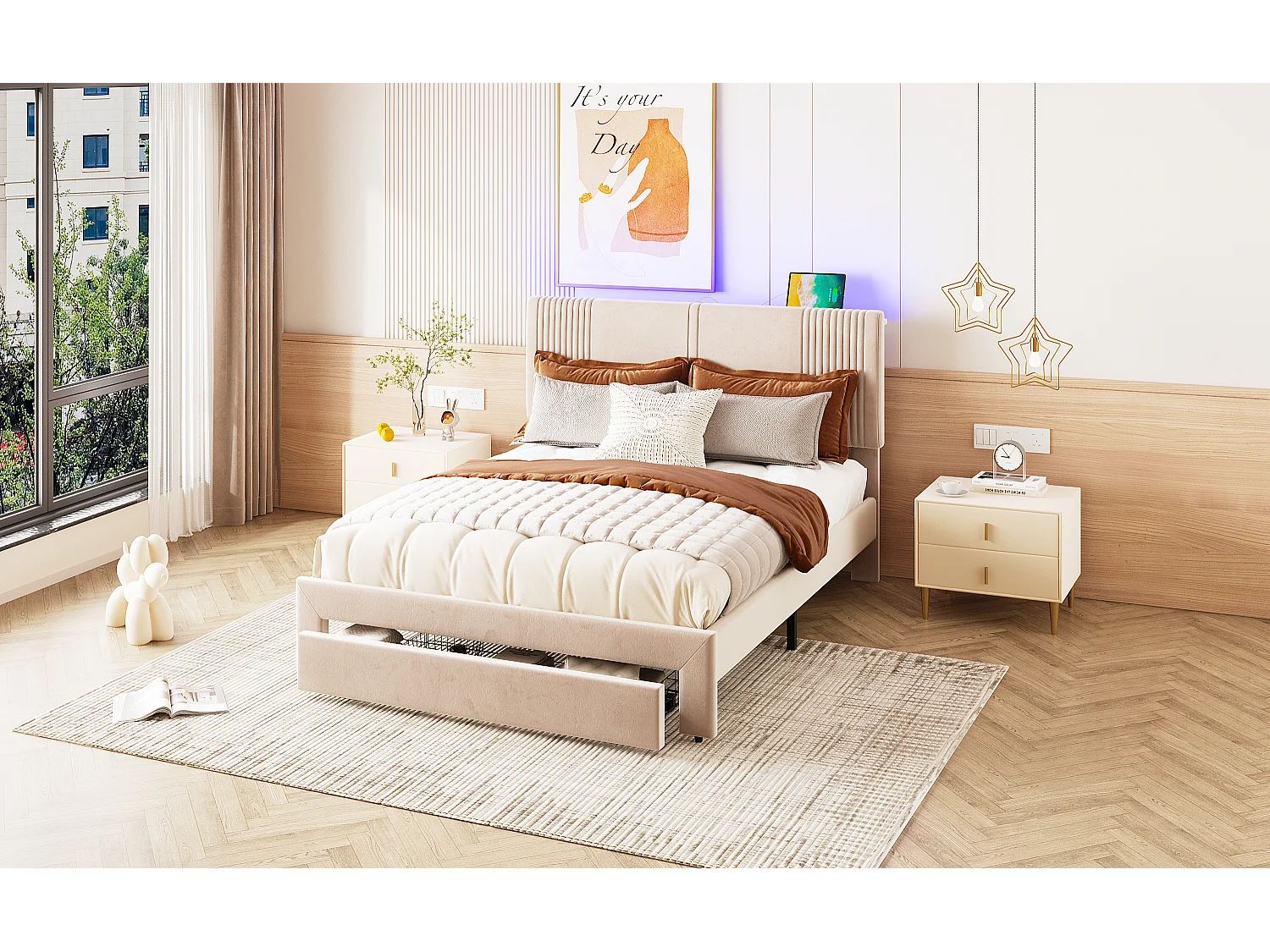 Gepolstertes Erwachsenenbett 140 x 200 cm mit großer Schublade – LEDs + USB – Samt – Beige