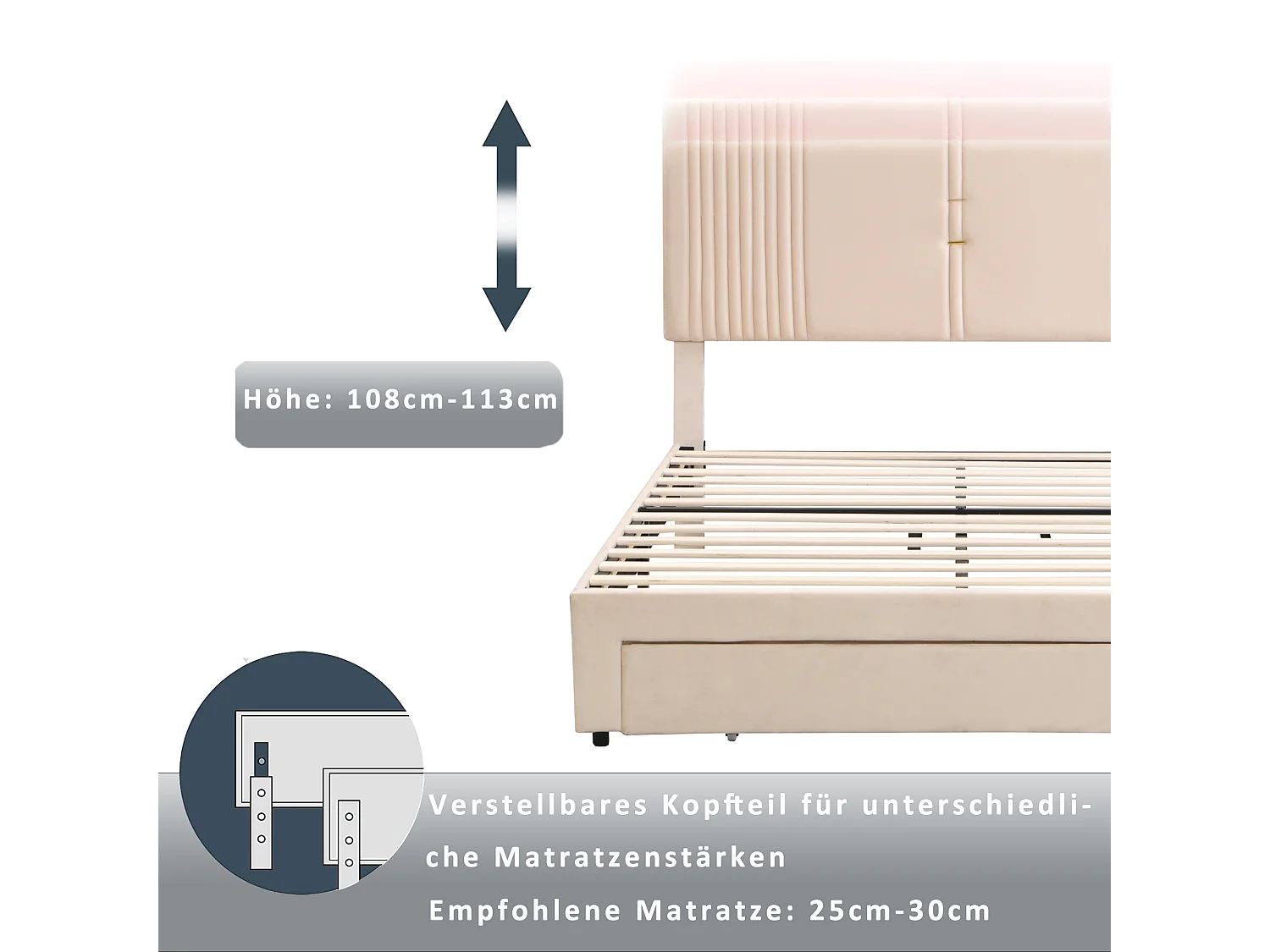 Gepolstertes Erwachsenenbett 140 x 200 cm mit großer Schublade – LEDs + USB – Samt – Beige