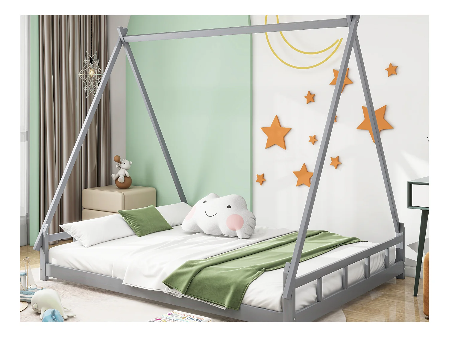 Lit tipi 140 x 200 cm - lit simple - bois massif - sommier à lattes inclus - coloris: gris