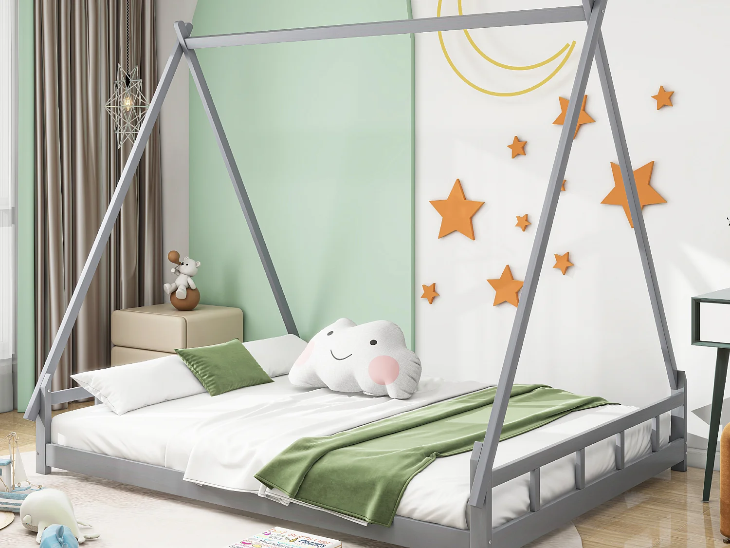 Lit tipi 140 x 200 cm - lit simple - bois massif - sommier à lattes inclus - coloris: gris