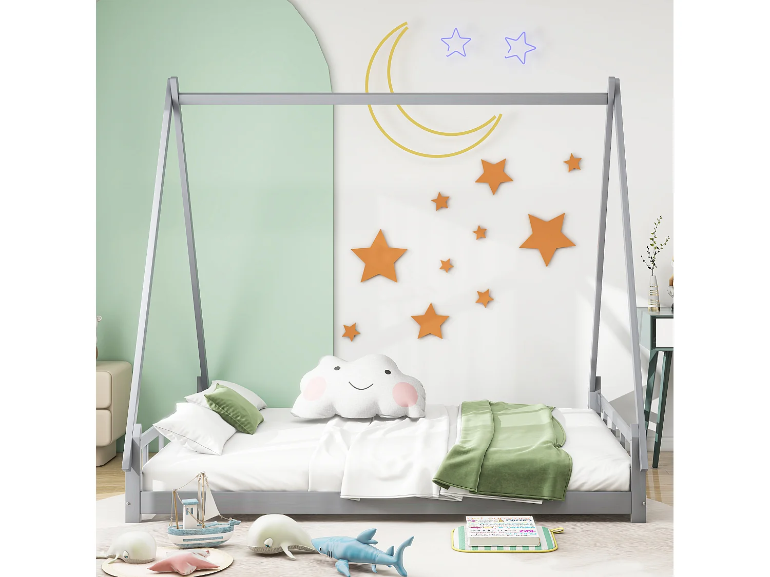 Lit tipi 140 x 200 cm - lit simple - bois massif - sommier à lattes inclus - coloris: gris