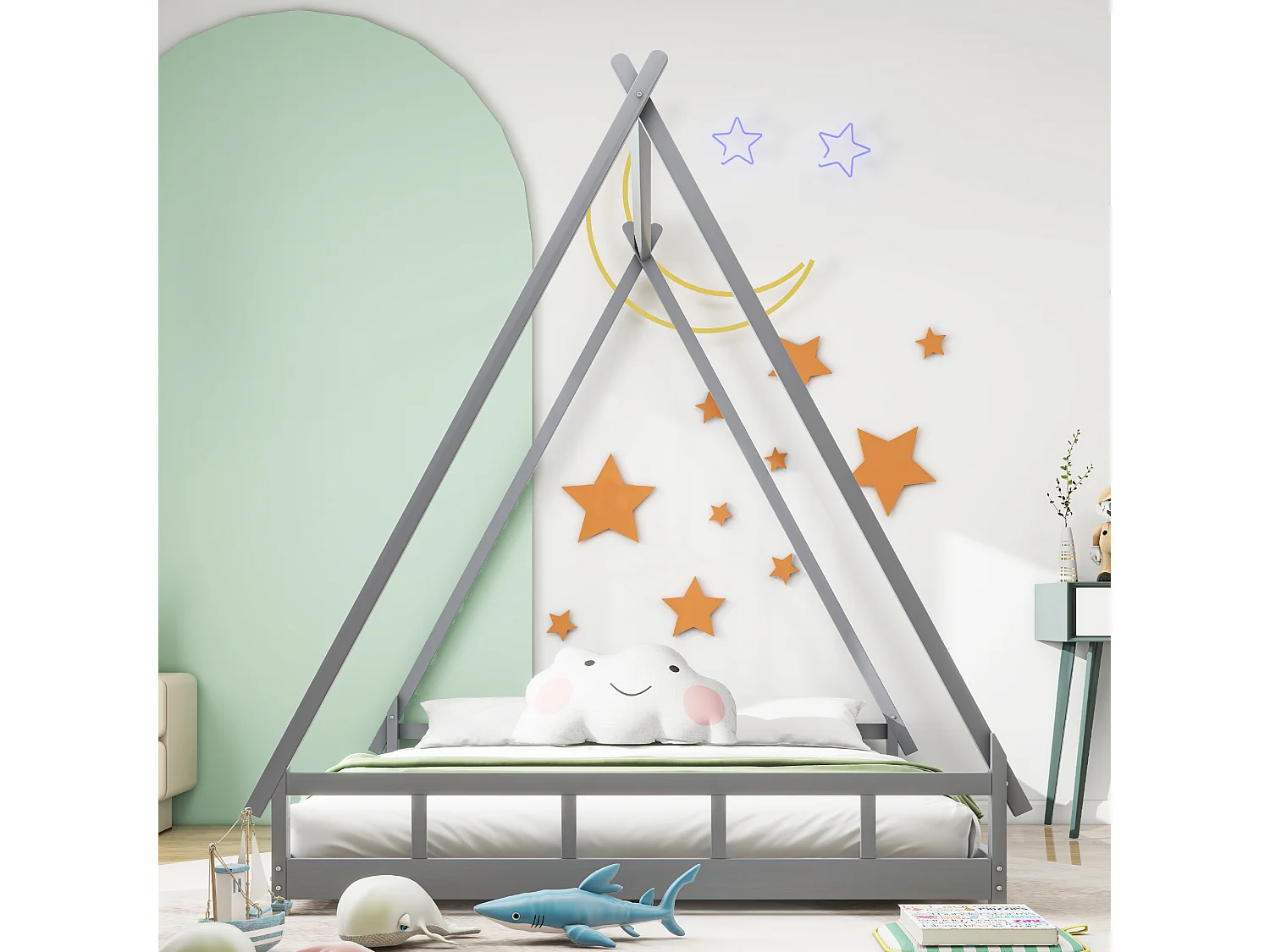 Lit tipi 140 x 200 cm - lit simple - bois massif - sommier à lattes inclus - coloris: gris