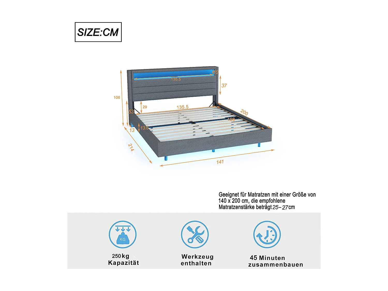 Cama tapizada 160 x 200 cm - Toma USB + LED - Cabecero reversible - Tela de lino - Gris