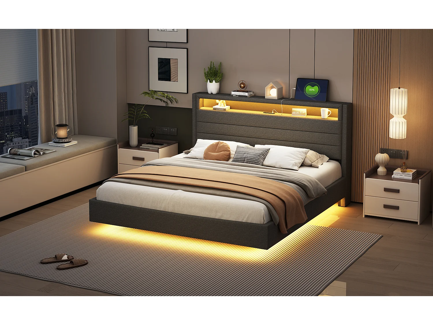 Cama tapizada 160 x 200 cm - Toma USB + LED - Cabecero reversible - Tela de lino - Gris
