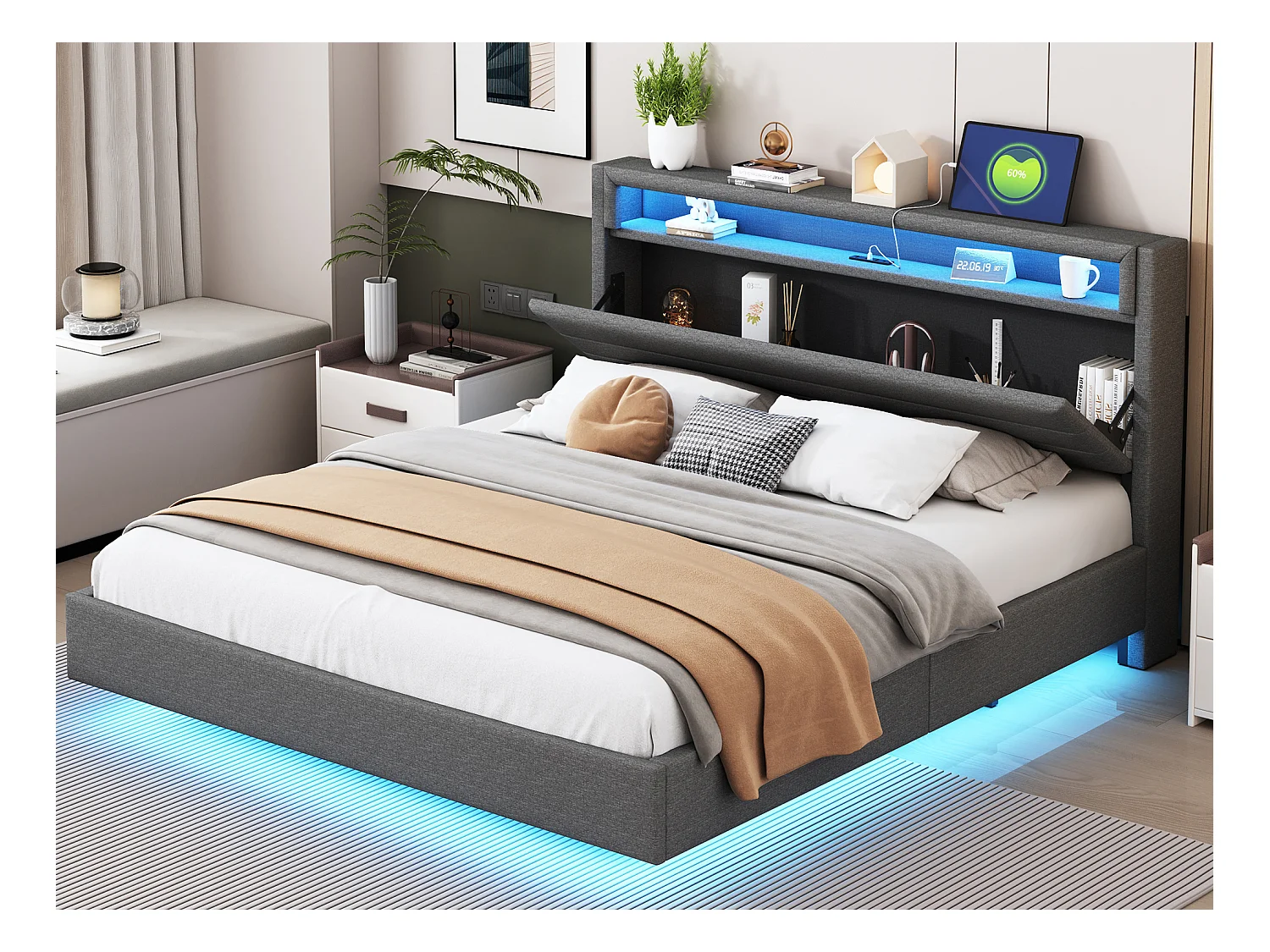 Lit capitonné 160 x 200 cm - prise USB + LEDs - tête de lit réversible - tissu lin - gris