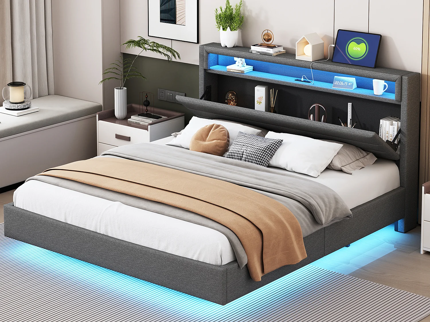 Lit capitonné 160 x 200 cm - prise USB + LEDs - tête de lit réversible - tissu lin - gris