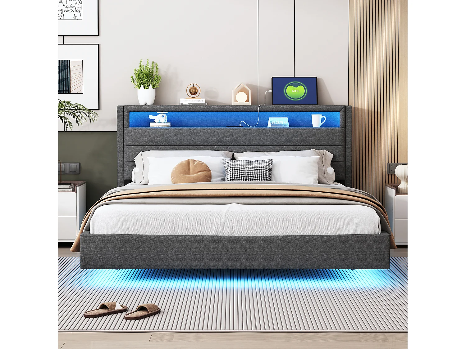 Lit capitonné 160 x 200 cm - prise USB + LEDs - tête de lit réversible - tissu lin - gris