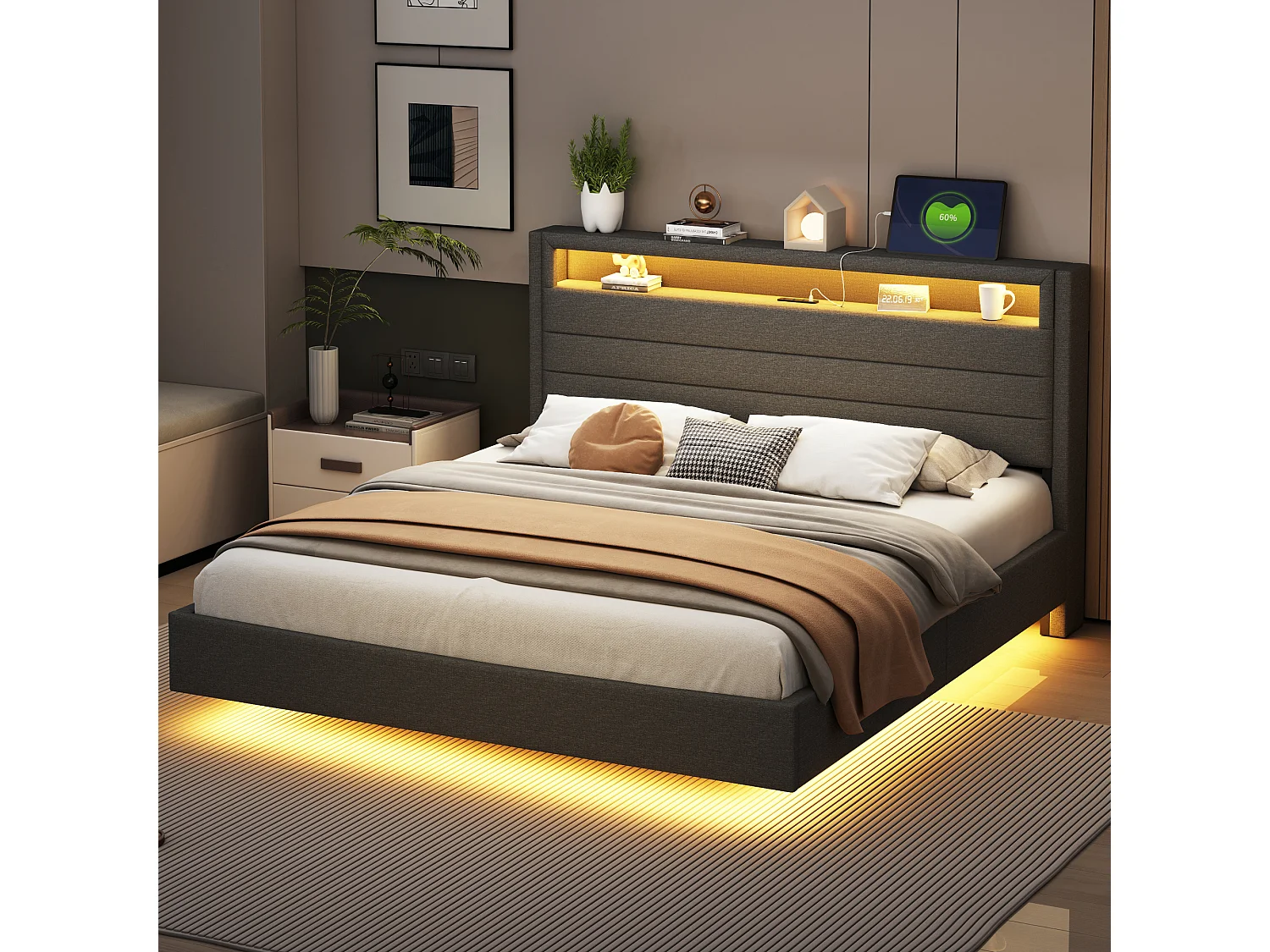 Lit capitonné 160 x 200 cm - prise USB + LEDs - tête de lit réversible - tissu lin - gris