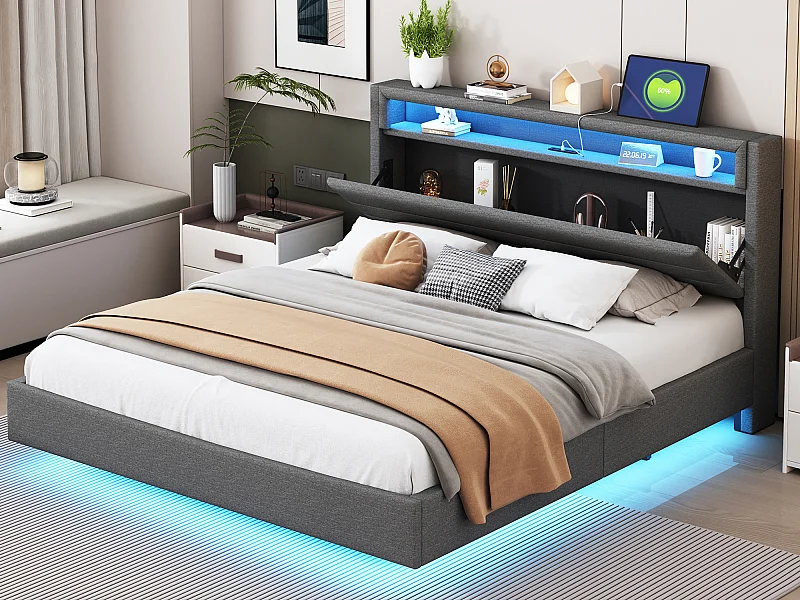 Lit capitonné 160 x 200 cm - prise USB + LEDs - tête de lit réversible - tissu lin - gris
