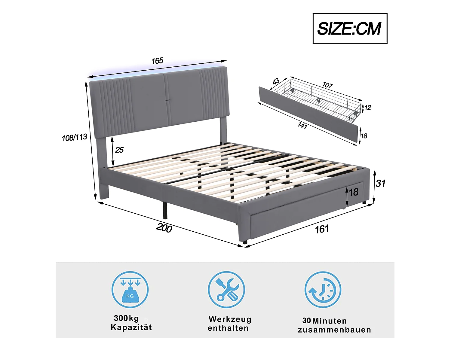 Lit capitonné adulte 140 x 200 cm avec grand tiroir - LEDs + USB - Velours - Gris