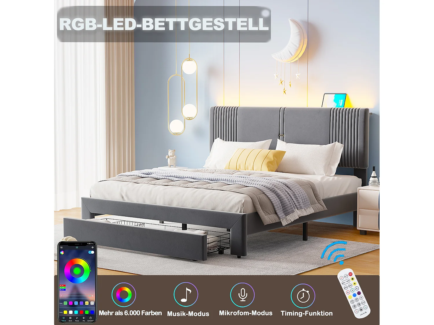 Lit capitonné adulte 140 x 200 cm avec grand tiroir - LEDs + USB - Velours - Gris