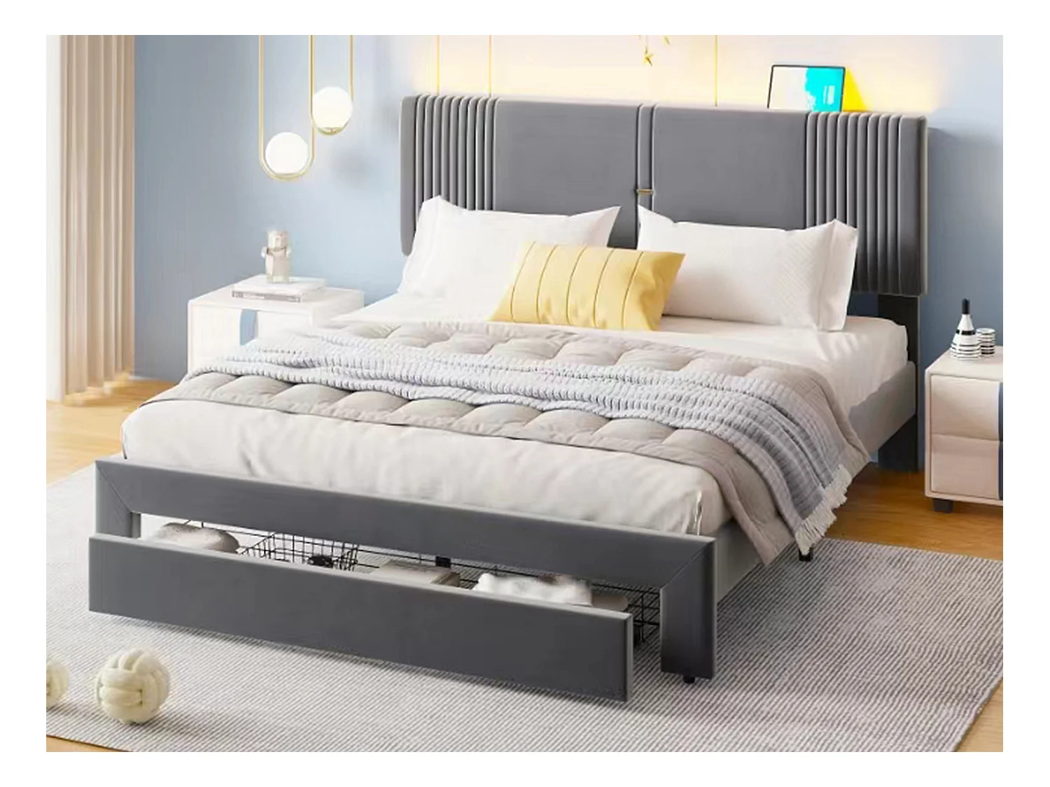 Lit capitonné adulte 140 x 200 cm avec grand tiroir - LEDs + USB - Velours - Gris