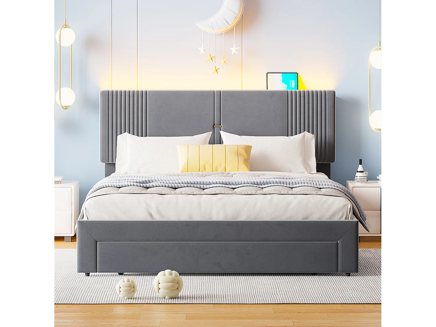 Gepolstertes Erwachsenenbett 140 x 200 cm mit großer Schublade – LEDs + USB – Samt – Grau