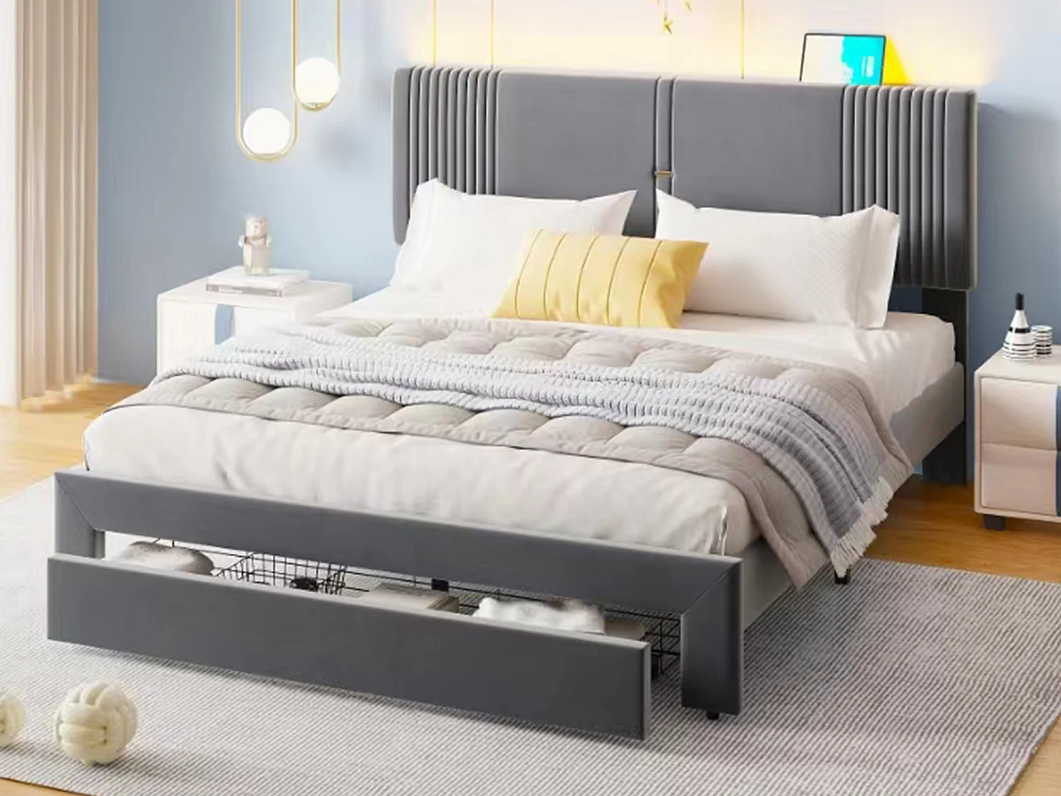 Lit capitonné adulte 140 x 200 cm avec grand tiroir - LEDs + USB - Velours - Gris