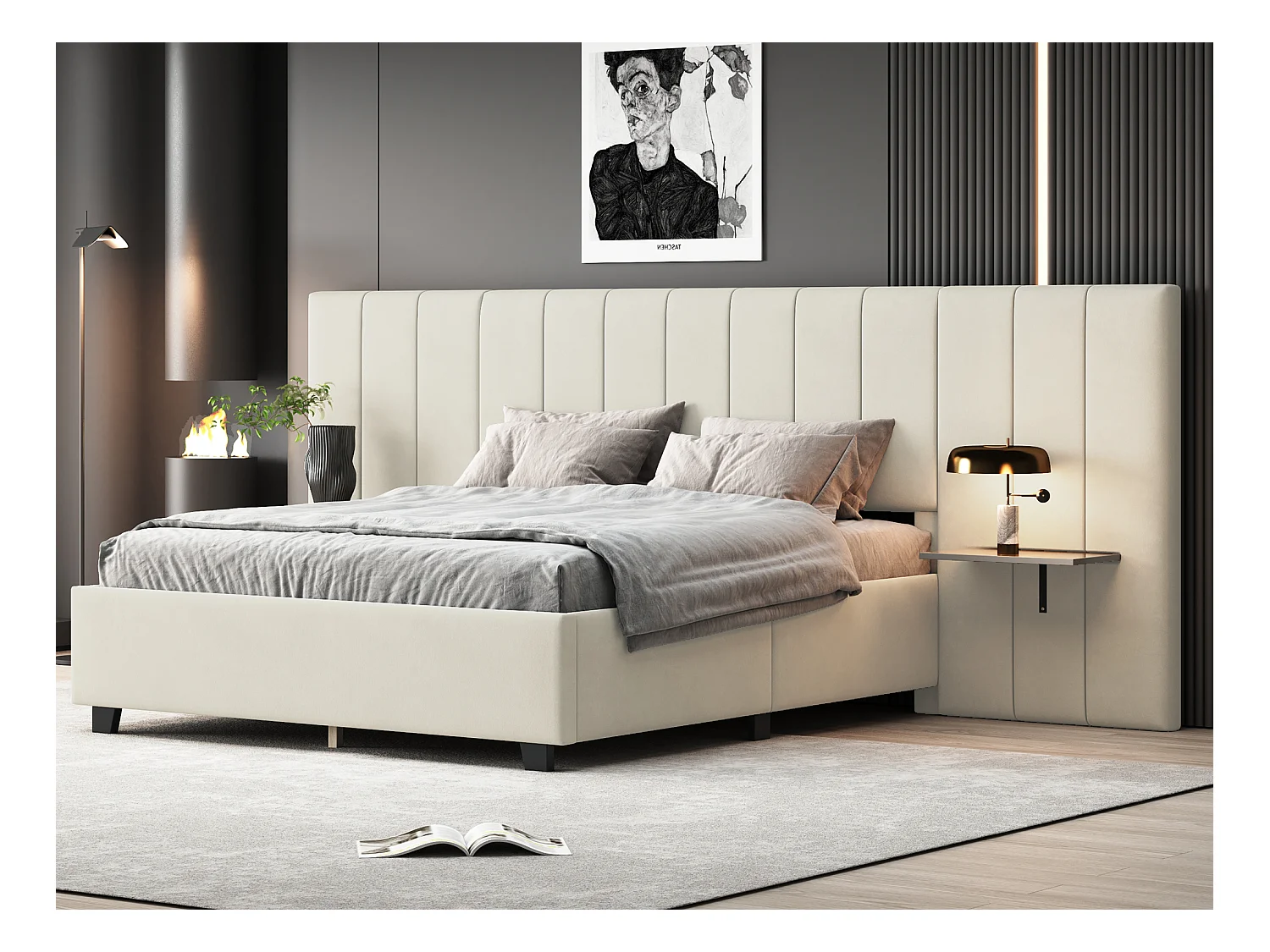Lit capitonné 140 x 200 cm avec tête de lit et dossier allongés - étagères - velours - beige
