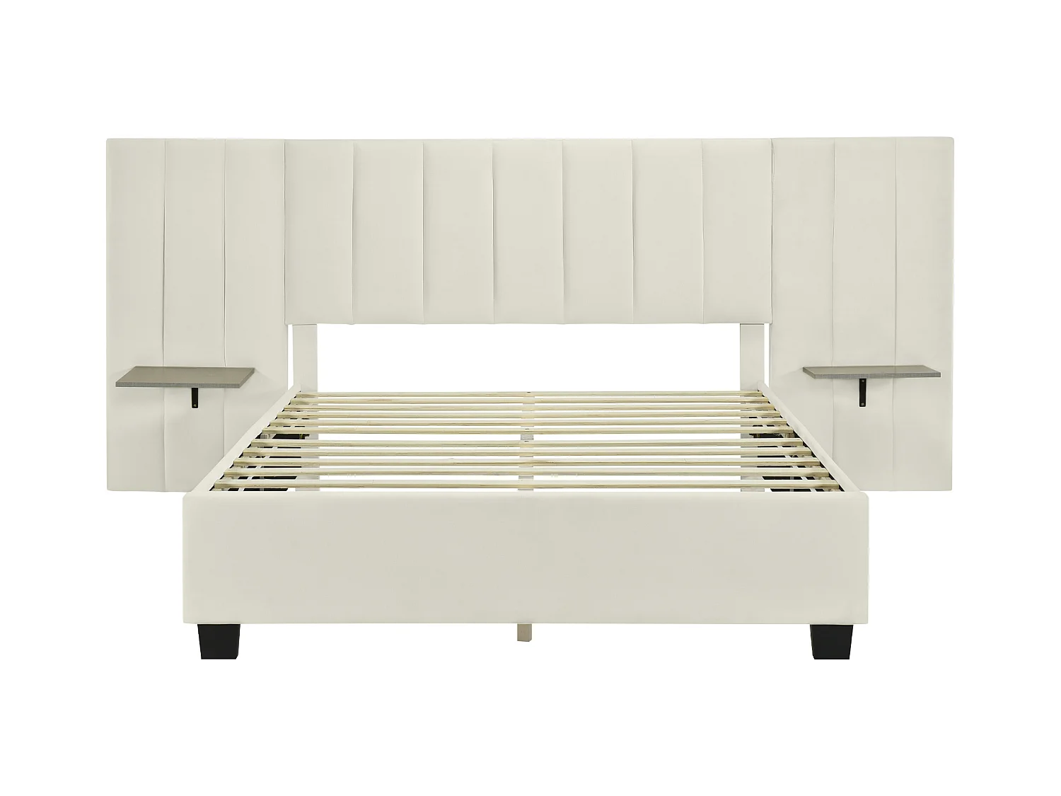 Lit capitonné 140 x 200 cm avec tête de lit et dossier allongés - étagères - velours - beige
