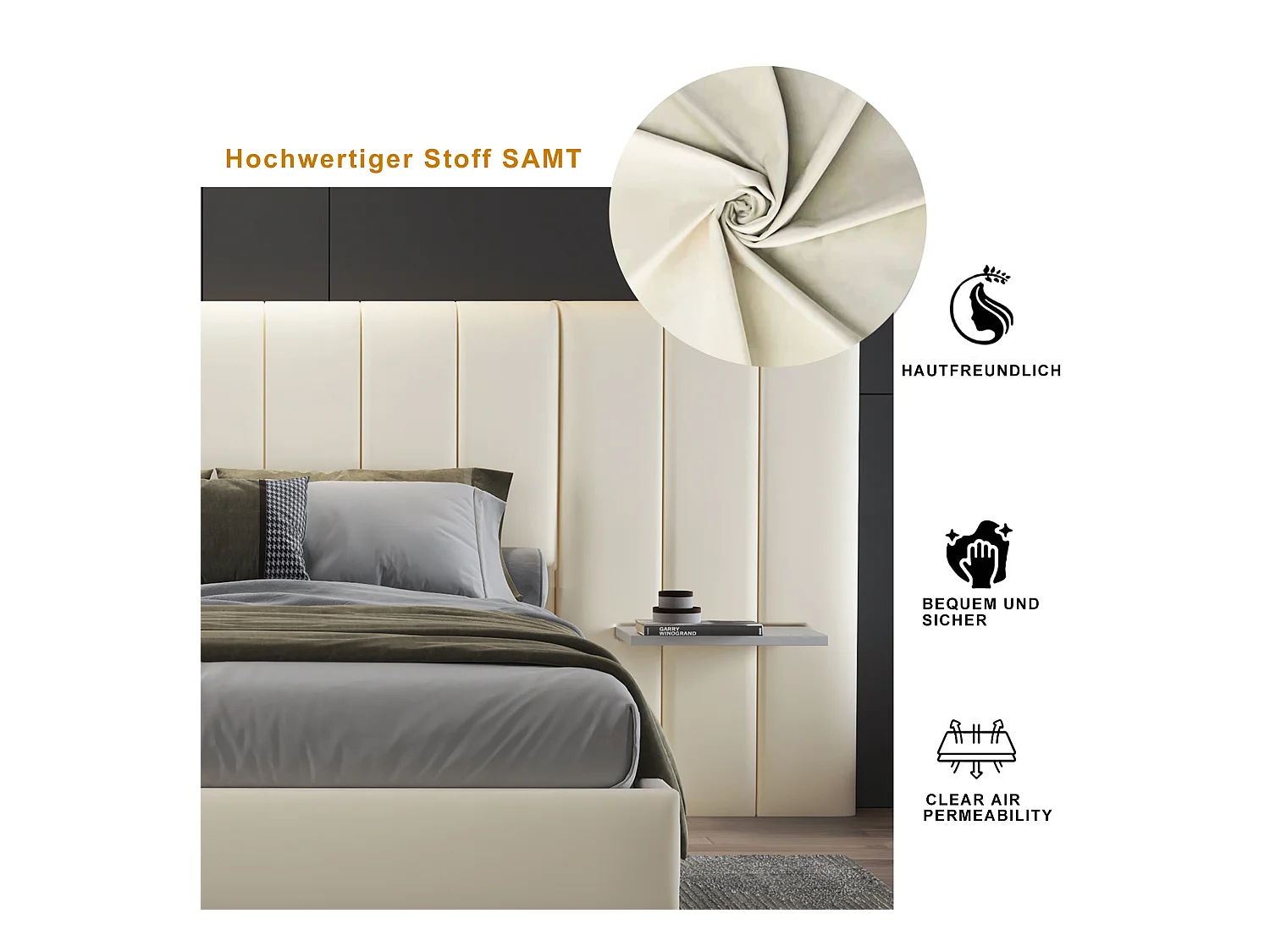 Lit capitonné 140 x 200 cm avec tête de lit et dossier allongés - étagères - velours - beige