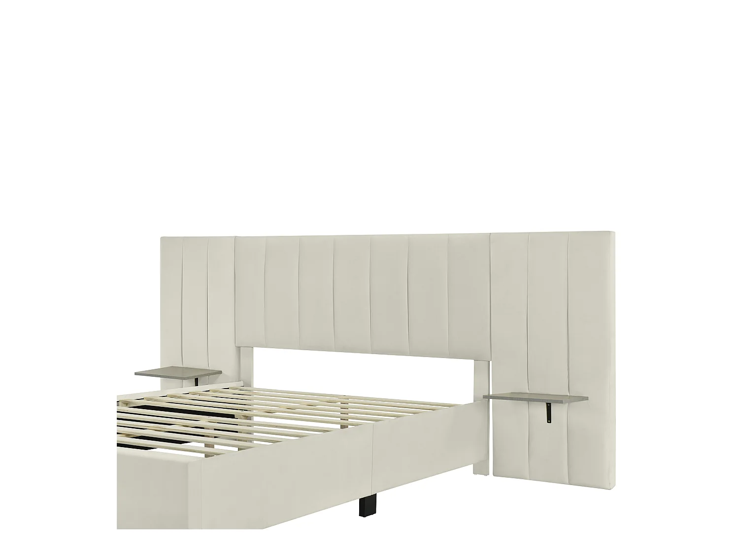 Lit capitonné 140 x 200 cm avec tête de lit et dossier allongés - étagères - velours - beige