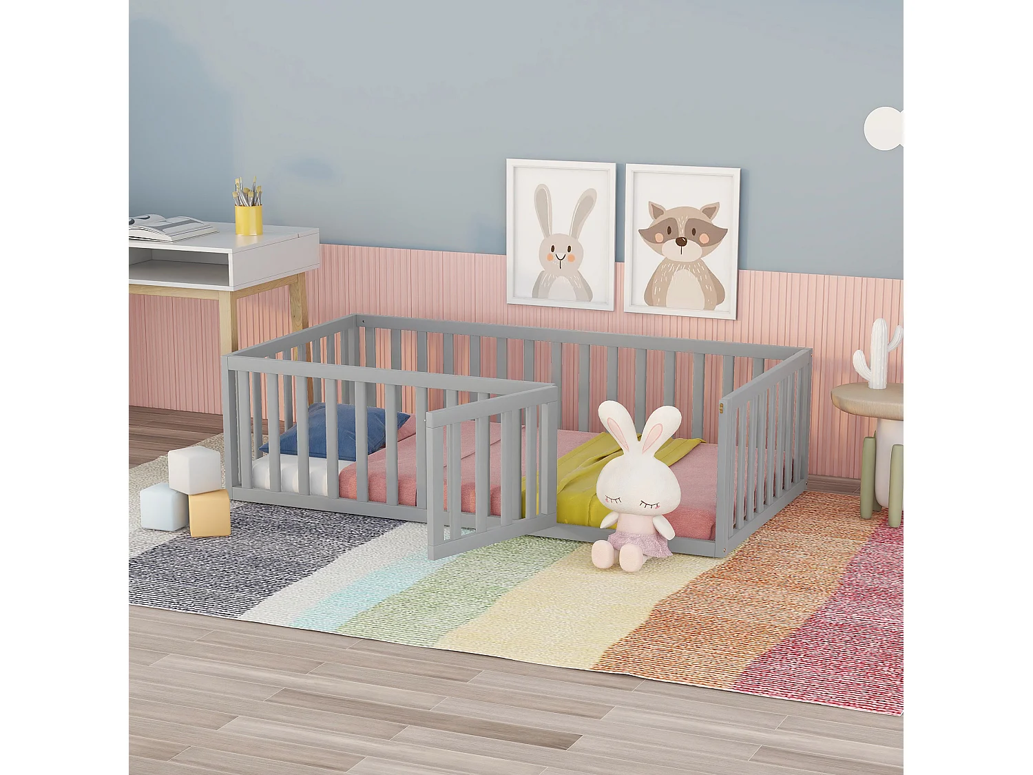 Kinderbed 90 x 200, houten vloerbedframe met hek en deur, grijs