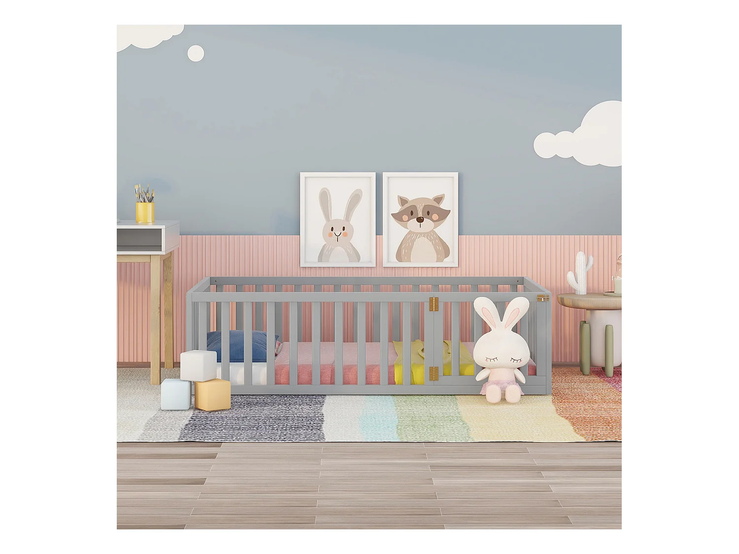 Kinderbed 90 x 200, houten vloerbedframe met hek en deur, grijs