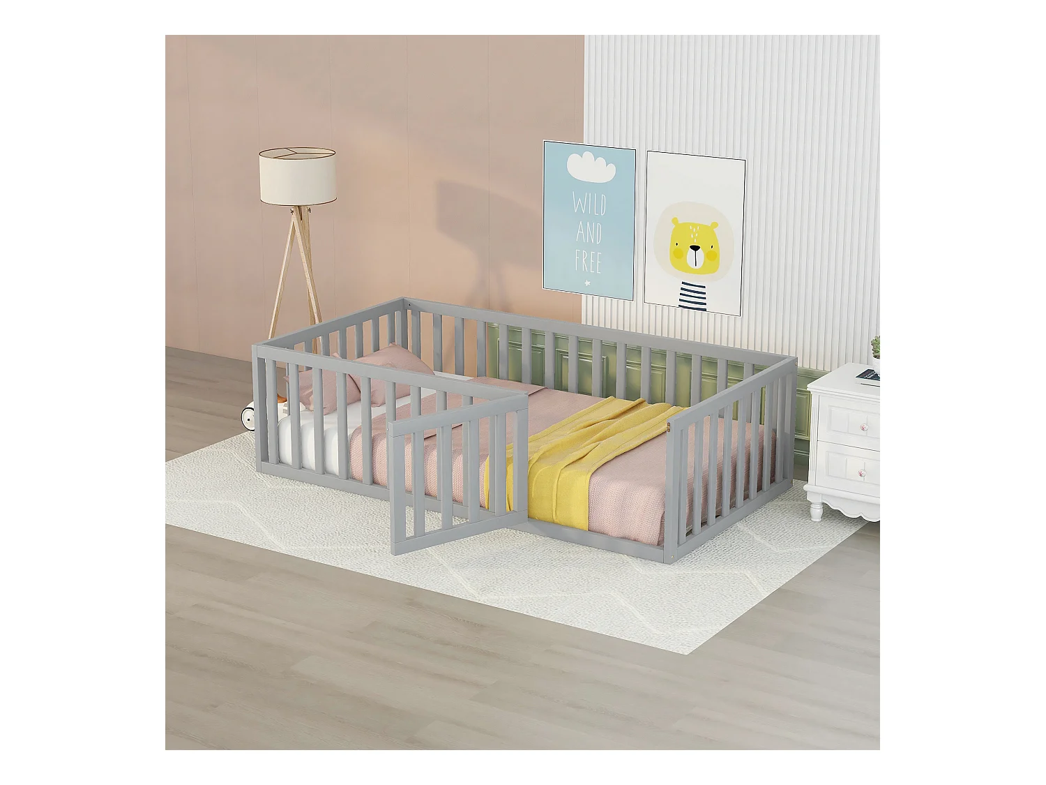 Kinderbed 90 x 200, houten vloerbedframe met hek en deur, grijs
