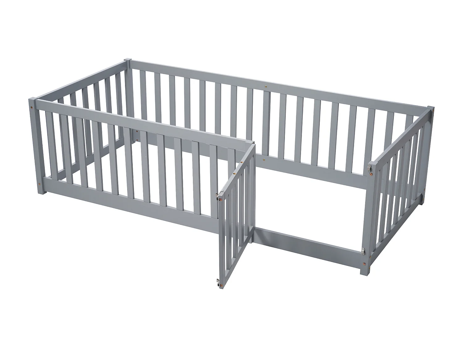 Kinderbed 90 x 200, houten vloerbedframe met hek en deur, grijs