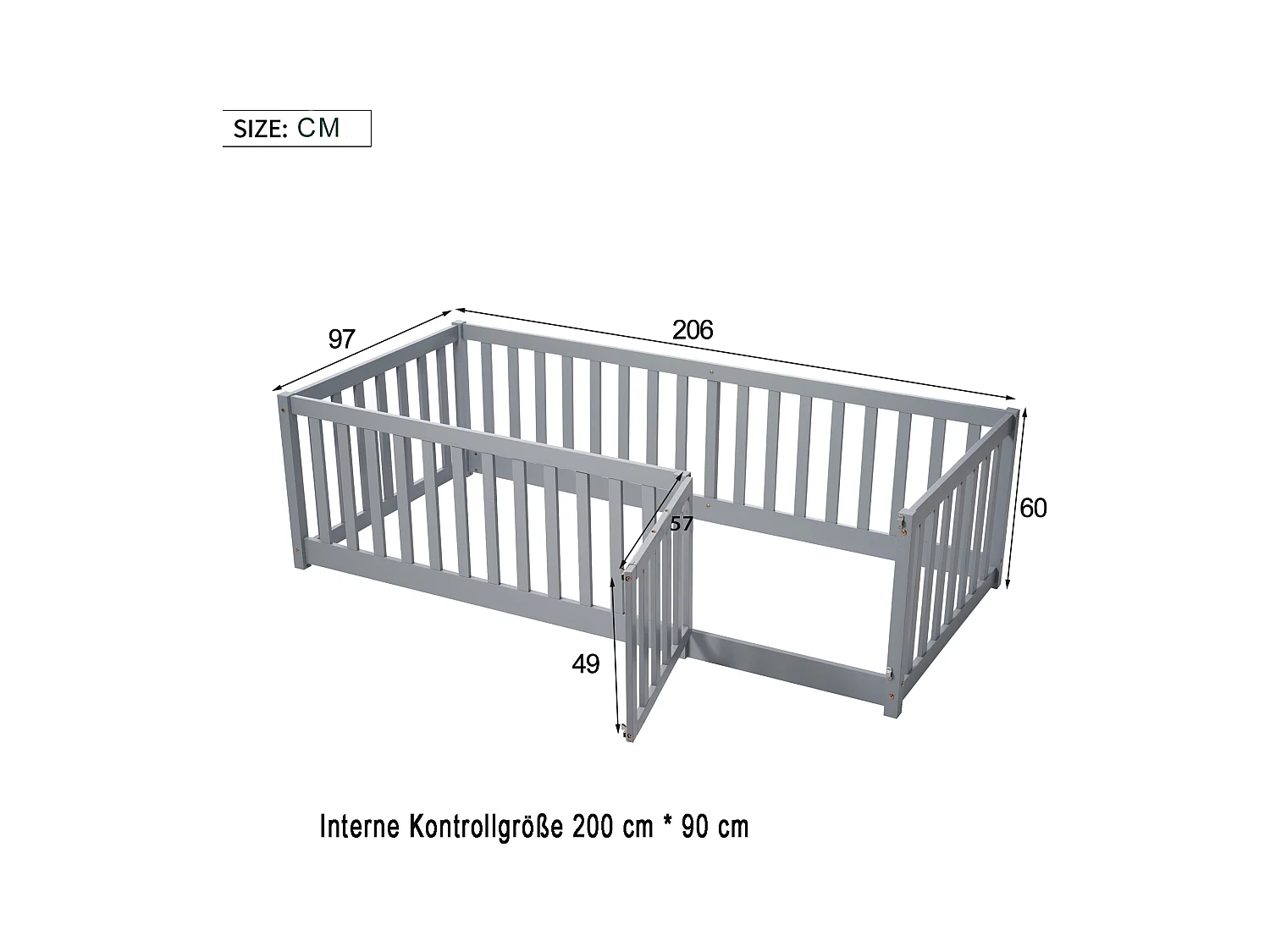 Kinderbed 90 x 200, houten vloerbedframe met hek en deur, grijs
