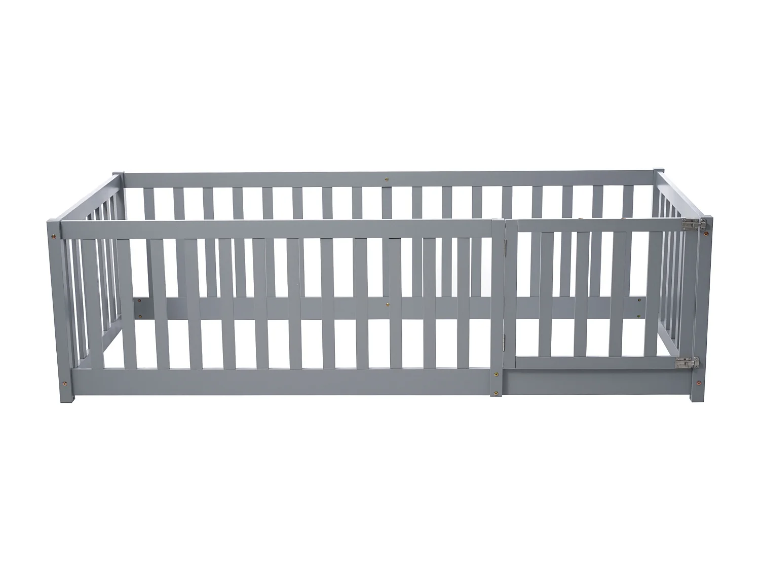 Kinderbed 90 x 200, houten vloerbedframe met hek en deur, grijs
