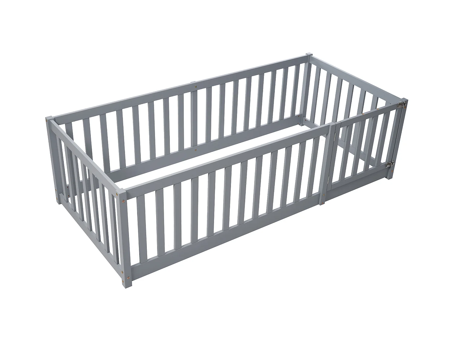 Kinderbed 90 x 200, houten vloerbedframe met hek en deur, grijs
