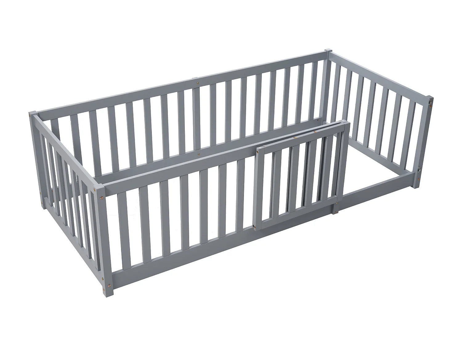 Kinderbed 90 x 200, houten vloerbedframe met hek en deur, grijs