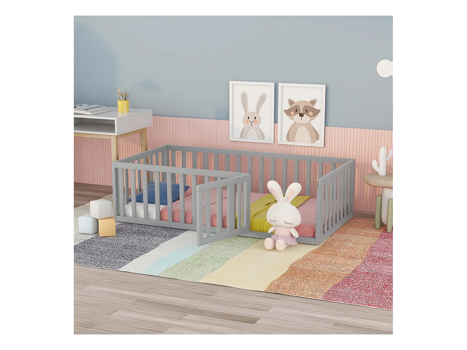 Kinderbed 90 x 200, houten vloerbedframe met hek en deur, grijs
