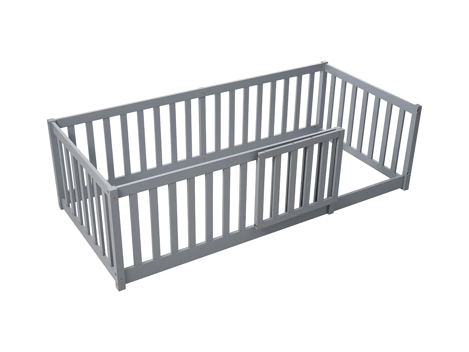 Kinderbed 90 x 200, houten vloerbedframe met hek en deur, grijs