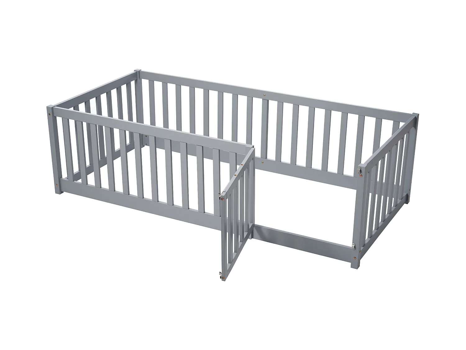 Kinderbed 90 x 200, houten vloerbedframe met hek en deur, grijs