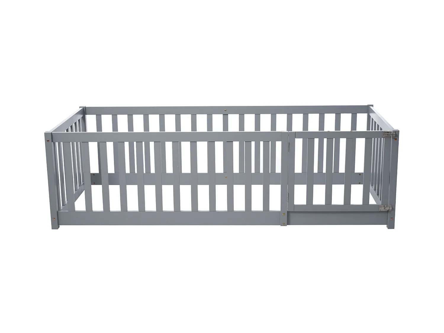 Kinderbed 90 x 200, houten vloerbedframe met hek en deur, grijs