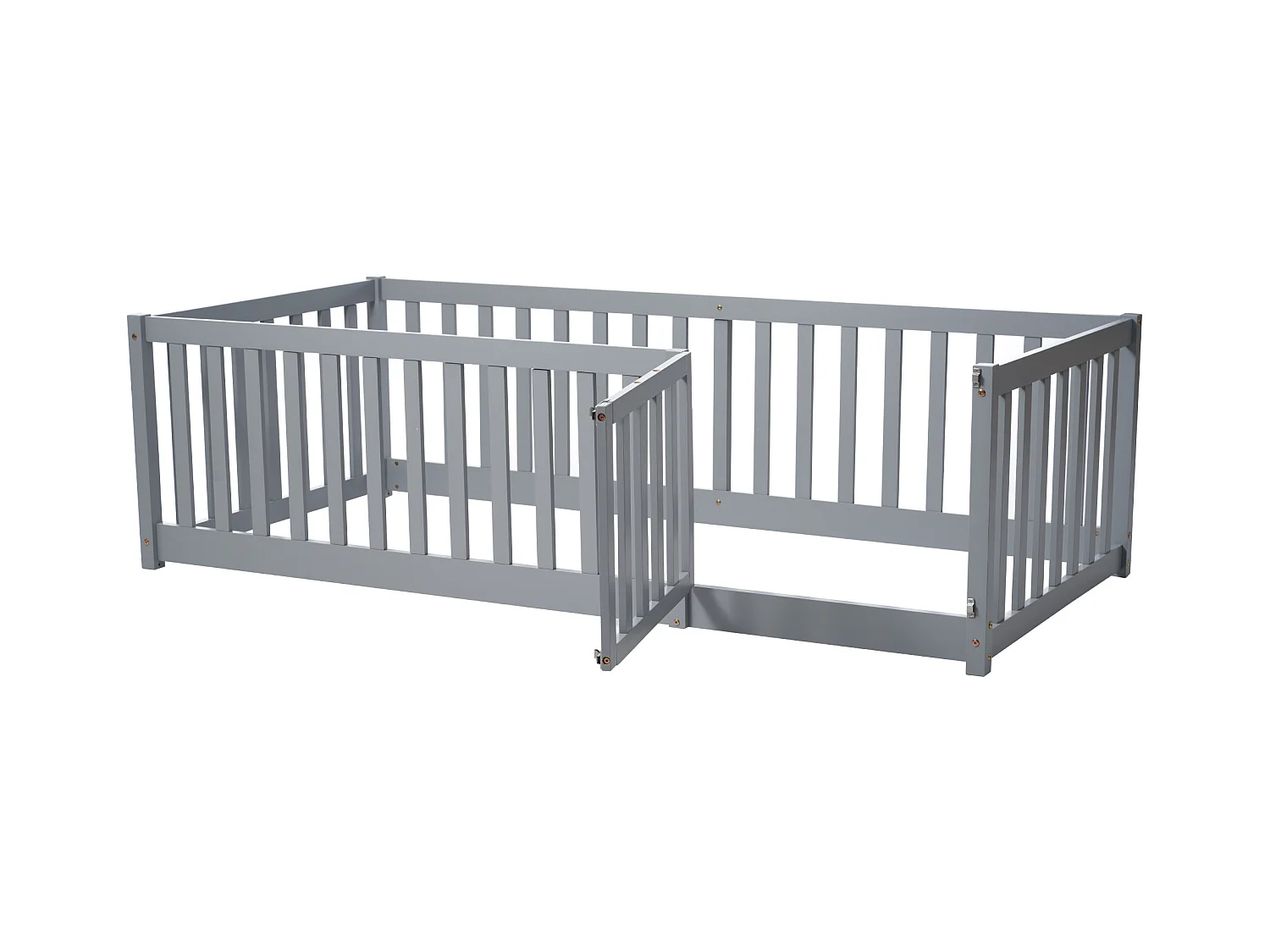 Kinderbed 90 x 200, houten vloerbedframe met hek en deur, grijs