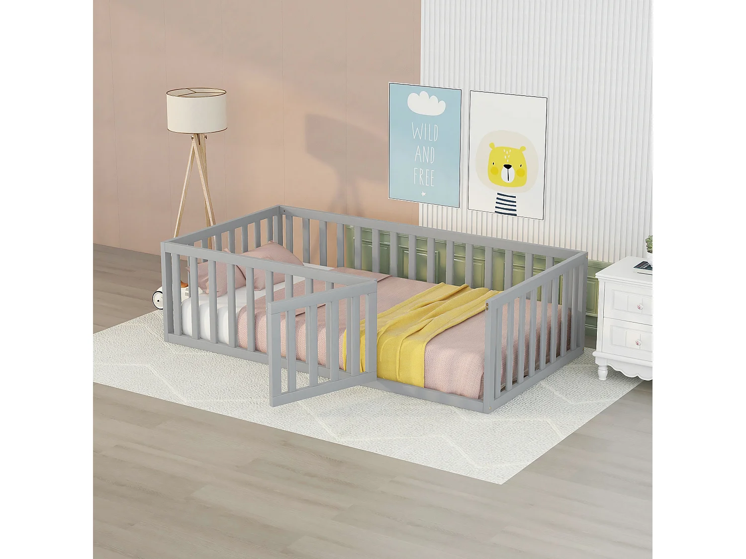 Kinderbed 90 x 200, houten vloerbedframe met hek en deur, grijs