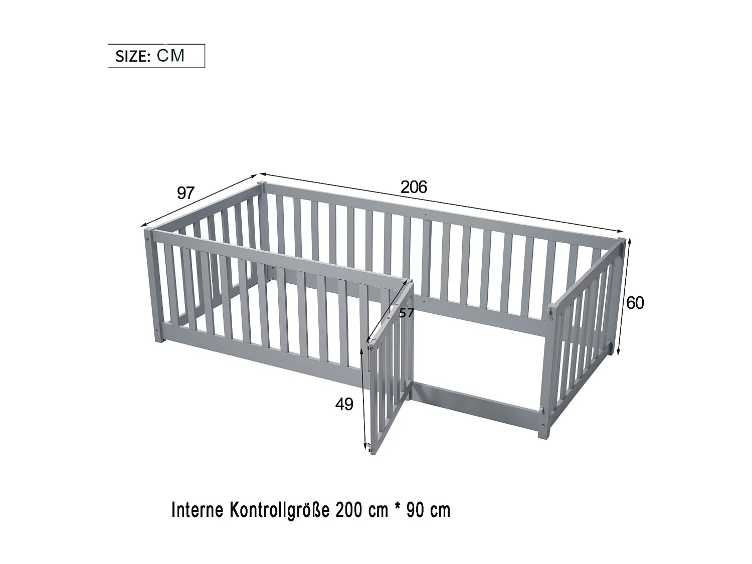 Kinderbed 90 x 200, houten vloerbedframe met hek en deur, grijs