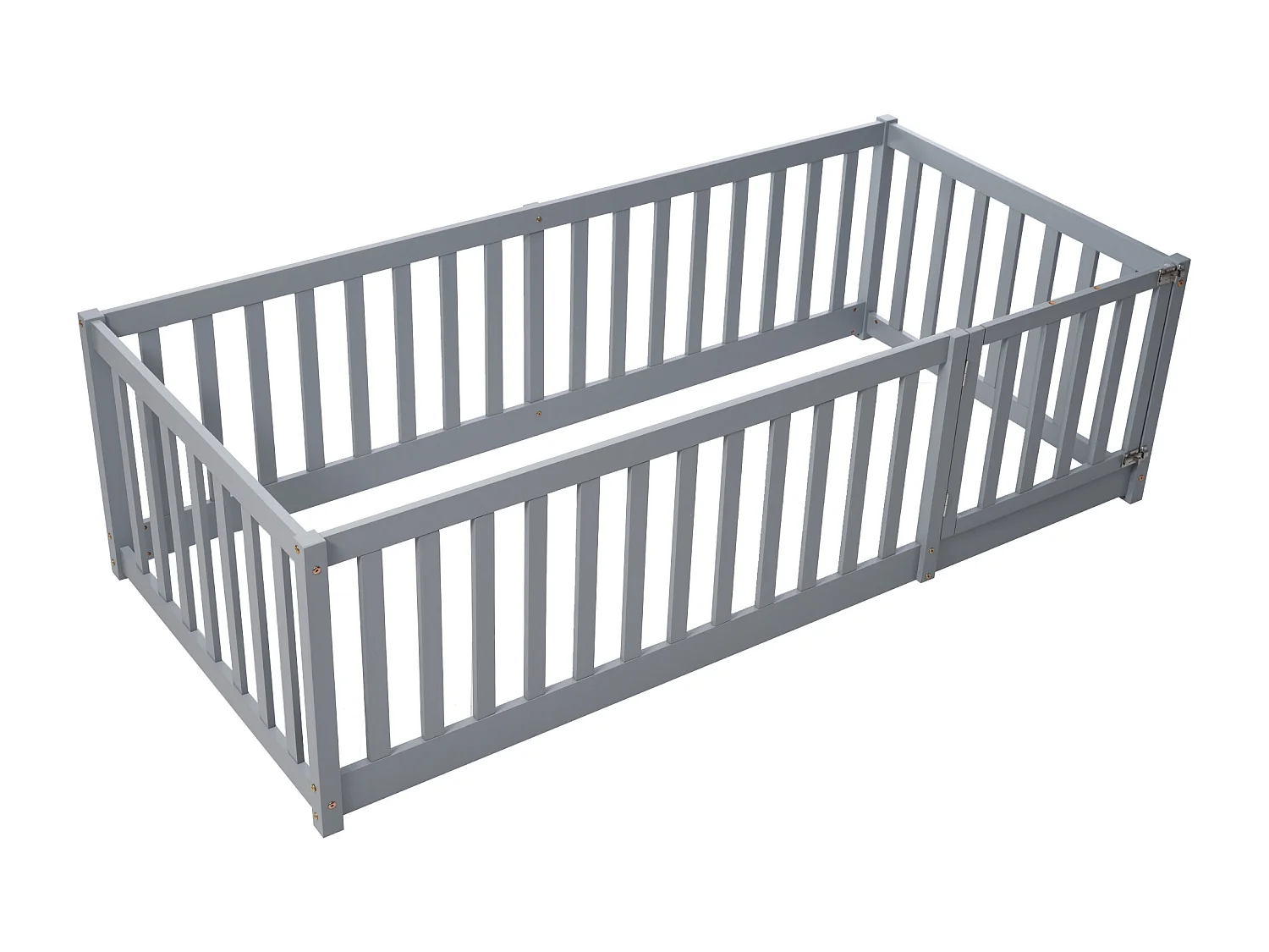 Kinderbed 90 x 200, houten vloerbedframe met hek en deur, grijs