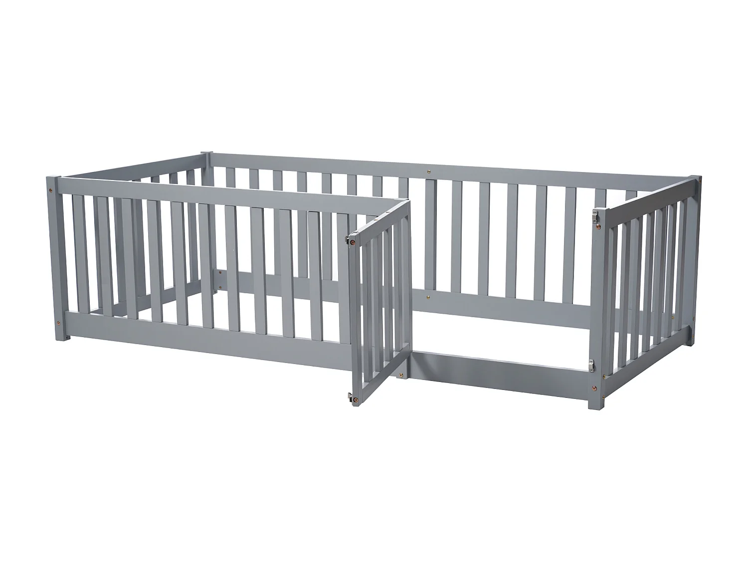 Kinderbed 90 x 200, houten vloerbedframe met hek en deur, grijs