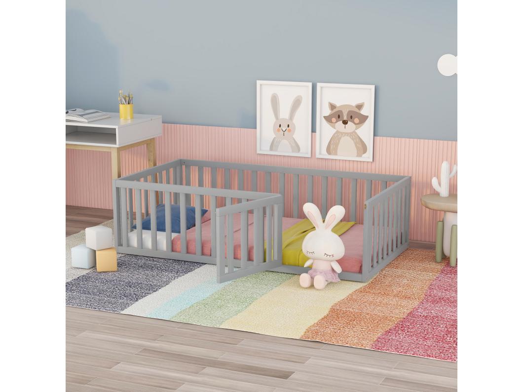 Cama infantil 90 x 200, estrutura de cama com piso de madeira, cerca e porta, cinza