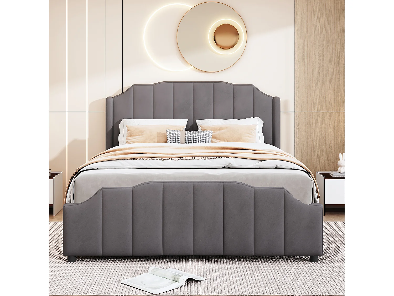 Lit 140 x 200 cm pour adulte avec tête de lit et 2 tiroirs - Velours - Gris