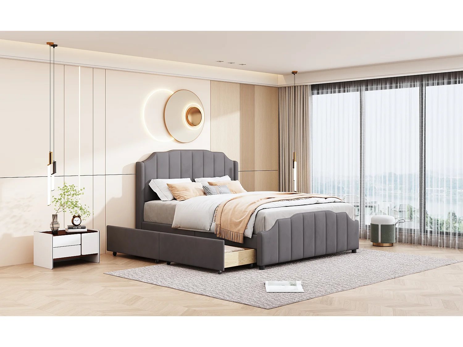 Lit 140 x 200 cm pour adulte avec tête de lit et 2 tiroirs - Velours - Gris